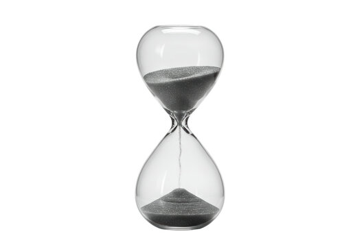 Isolated grayscale image of an hourglass showing passing time as sand flows through the center