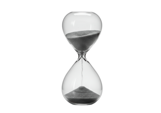 Isolated grayscale image of an hourglass showing passing time as sand flows through the center