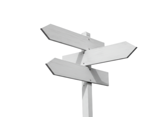 Isolated Direction Signpost Shows Three Destinations, Pointer Wooden Road Signpost on Post