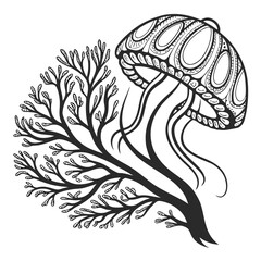 Vector art of stylized black and white illustration of a jellyfish and seaweed