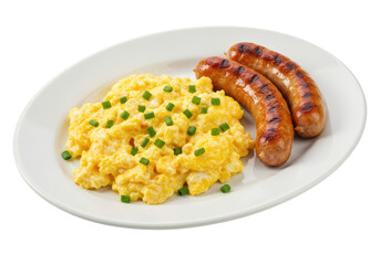 Isolated cooked breakfast plate featuring scrambled eggs with sausages and fresh green onions