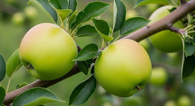 Green Apples Ripening on a Tree Branch Surrounded by Leaves. - Powered by Adobe
