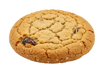 Isolated raisin cookie with sugar sprinkles, snack or dessert with a crispy golden crust