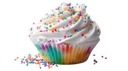 Cupcake. Birthday cupcake with cherry on top. Happy Birthday. Tasty baking cupcakes, cake or muffin with white cream icing, frosting. Bakery, confectionery. Purple cup liners. Isolated background