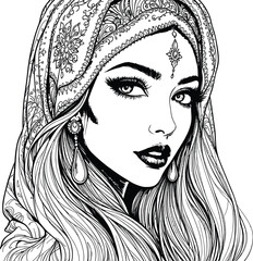 Elegant Woman in Headscarf Vector — Black and White Line Art of South Asian Beauty with Floral Accessories and Cultural Details