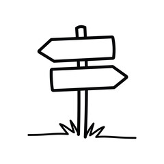 Hand drawn black direction sign featuring two blank arrows over grass stands still