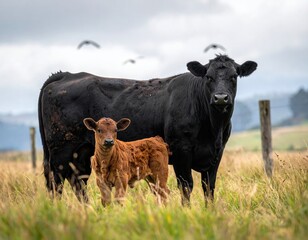 Black cow and brown calf standing in a field