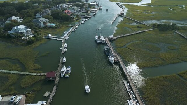 Aerial view of Shem Creek in Mount Pleasant South Carolina during the day. 