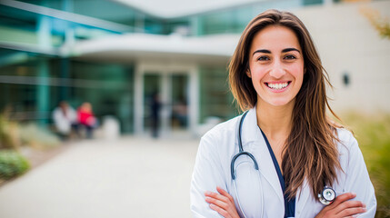 Smiling woman in medical coat enjoys city views on a sunny day in downtown hospital area
