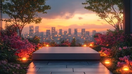 A modern rooftop garden with a display podium illuminated flowers and a city skyline at sunset