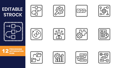 Vector art of editable stroke icons depicting process management, workflow automation, and business optimization