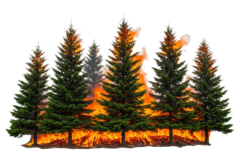 Isolated image of several evergreen trees burning intensely in a forest fire on a hillside