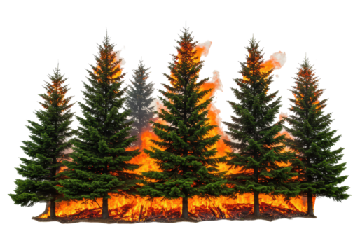 Isolated image of several evergreen trees burning intensely in a forest fire on a hillside