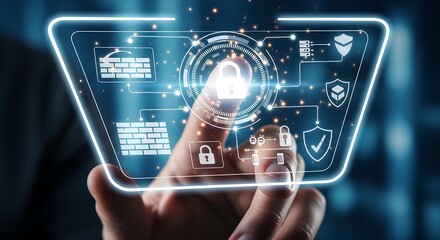 A finger touches a glowing digital interface displaying a padlock icon, representing cybersecurity and data protection.