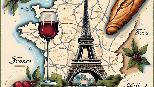 Illustrated Map of France &ndash; Eiffel Tower, Wine, and Baguette Icons
