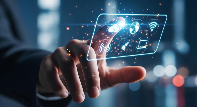 A hand interacts with a transparent screen displaying digital icons representing cloud computing, global connectivity, and various technological devices. - Powered by Adobe