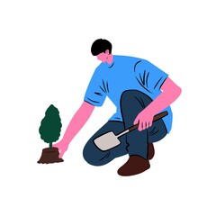 Man in Blue Shirt Planting Small Tree Illustration