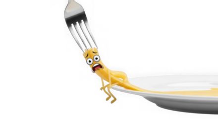 Pasta character running from fork isolated on transparent background
