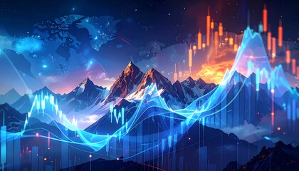 Digital illustration depicts financial data overlays on a majestic mountain range and global map background, with vibrant blues and oranges