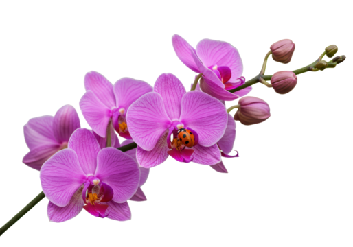 Isolated pink Phalaenopsis orchid flower with buds, a ladybug on petal, springtime bloom