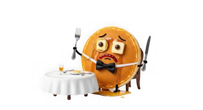 Sad pancake character with silverware isolated on transparent background