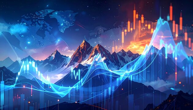 Digital illustration depicts financial data overlays on a majestic mountain range and global map background, with vibrant blues and oranges