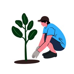 Man in Blue Shirt Planting Young Tree Illustration