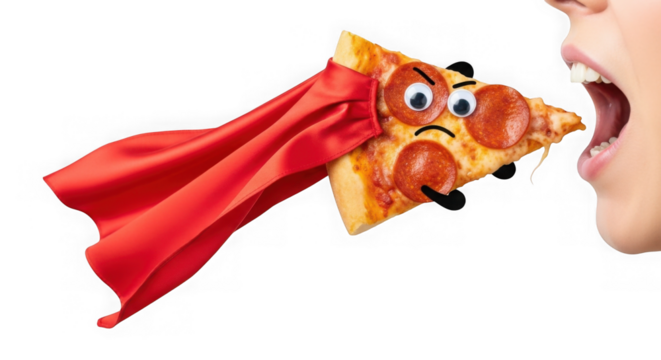 Pizza superhero running away from mouth isolated on transparent background