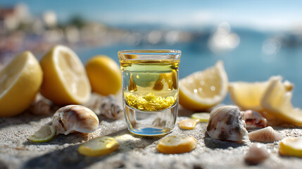 B 52 layered shot with orange slices and seashells by the sea