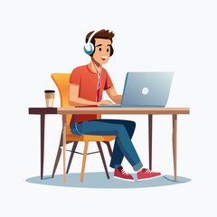 A young man with headphones happily working on his laptop at a desk with a drink