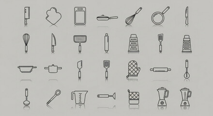 Collection of kitchen utensils, featuring various cooking tools and equipment for food preparation and culinary activities