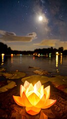 Illuminated lotus flower floats on a lake at night