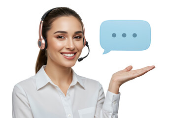 Isolated pretty woman smiling with headset, customer service agent presenting a chat bubble