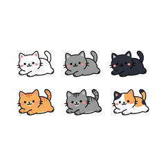 Cute kawaii cat lying down collection, vector illustration