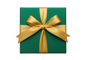 Isolated festive green gift box tied with a gold ribbon and bow, anniversary present