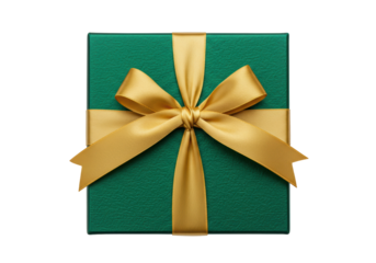 Isolated festive green gift box tied with a gold ribbon and bow, anniversary present