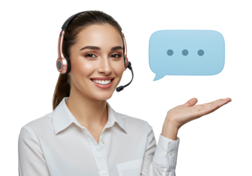 Isolated pretty woman smiling with headset, customer service agent presenting a chat bubble
