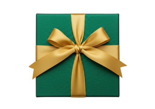 Isolated festive green gift box tied with a gold ribbon and bow, anniversary present