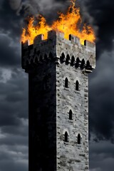 Dramatic stone tower engulfed in flames against a stormy sky