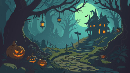 Haunted Halloween House Background with Spooky Forest and Pumpkins