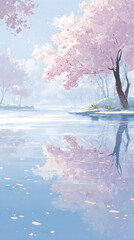桜 さくら 木 花びら 咲く 水 湖 はる 春 日本 アニメ风 背景 壁紙