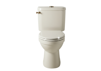 Isolated off-white toilet fixture is shiny new with golden handle, ready for bathroom remodeling