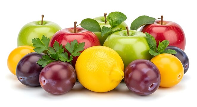 Red apples green apples yellow lemon plums healthy fruits.