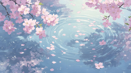 桜 さくら 木 花びら 咲く 水 湖 はる 春 日本 アニメ风 背景 壁紙