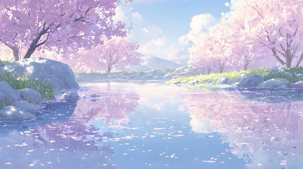 桜 さくら 木 花びら 咲く 水 湖 はる 春 日本 アニメ风 背景 壁紙