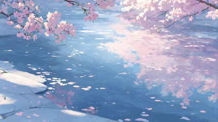 桜 さくら 木 花びら 咲く 水 湖 はる 春 日本 アニメ风 背景 壁紙