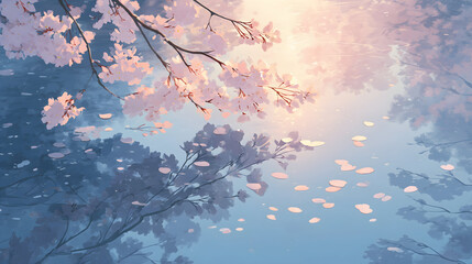 桜 さくら 木 花びら 咲く 水 湖 はる 春 日本 アニメ风 背景 壁紙