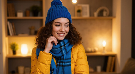 Portrait of a smiling woman wearing a winter hat, scarf, and jacket indoors. Concept of staying warm at home during cold weather