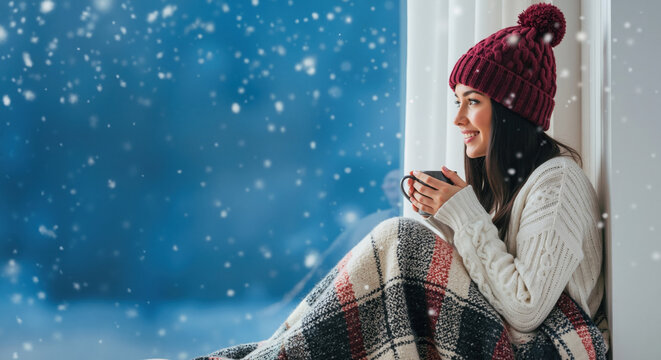 Happy woman in a cozy sweater and beanie enjoying a hot drink by the window on a snowy winter day. Relaxing at home concept. Copy space - Powered by Adobe