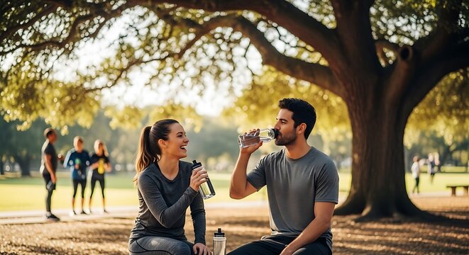 Fit couple resting and hydrating in a sunny park after a workout.